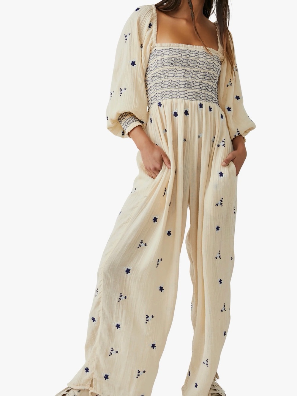 FREE PEOPLE DAHLIA Square-Neck Wide-Leg Jumpsuit in Cream with Navy Embroidery
